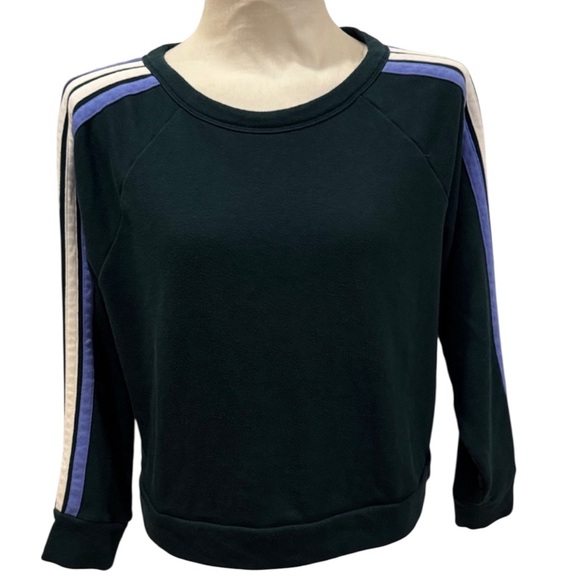 Lou & Grey Tops - Lou & Grey XS Cropped Sweatshirt Dark Green Blue Stripe Sleeve Pullover LOFT